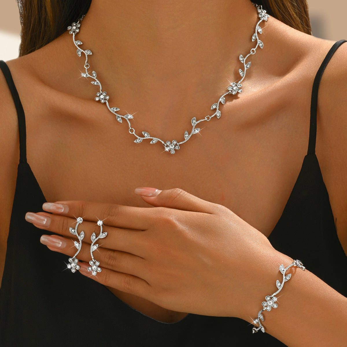 Plum Blossom Bridal Jewellery Set — Necklace, Earrings & Bracelet