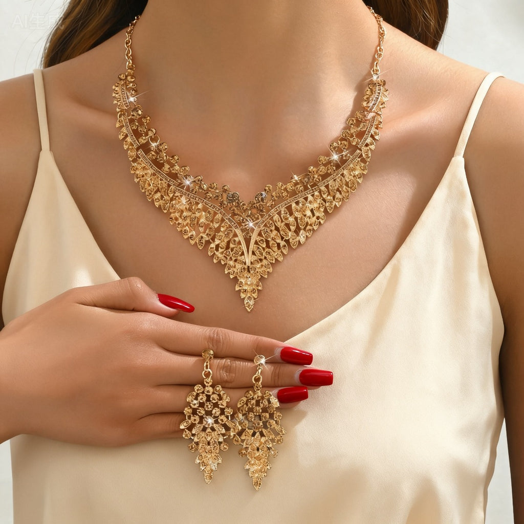 Floral Rhinestone Jewellery Set — Necklace & Earrings