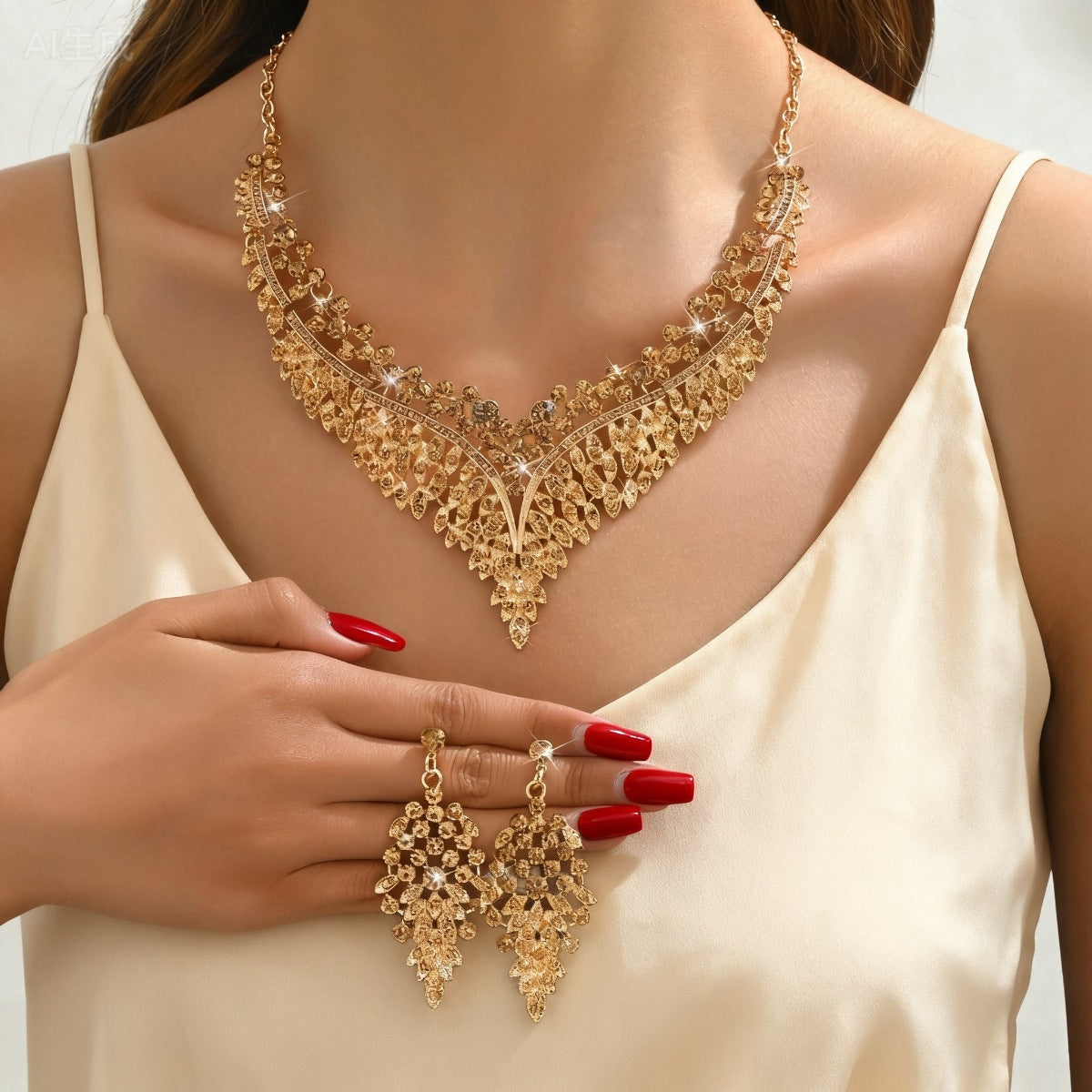 Floral Rhinestone Jewellery Set — Necklace & Earrings
