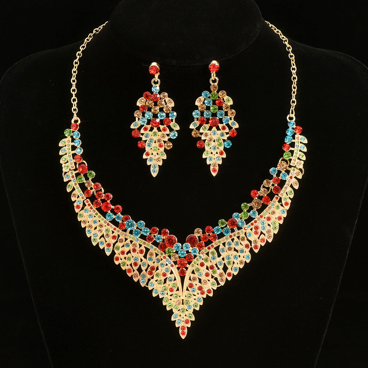 Floral Rhinestone Jewellery Set — Necklace & Earrings