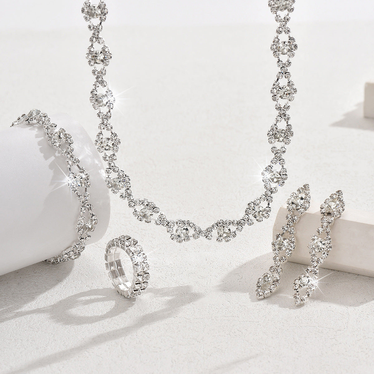 Crystal Bridal Jewellery Set — Geometric Necklace & Earrings