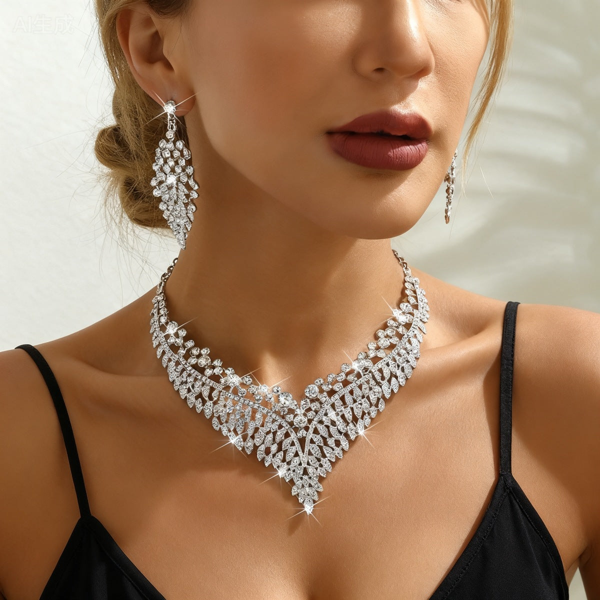 Floral Rhinestone Jewellery Set — Necklace & Earrings
