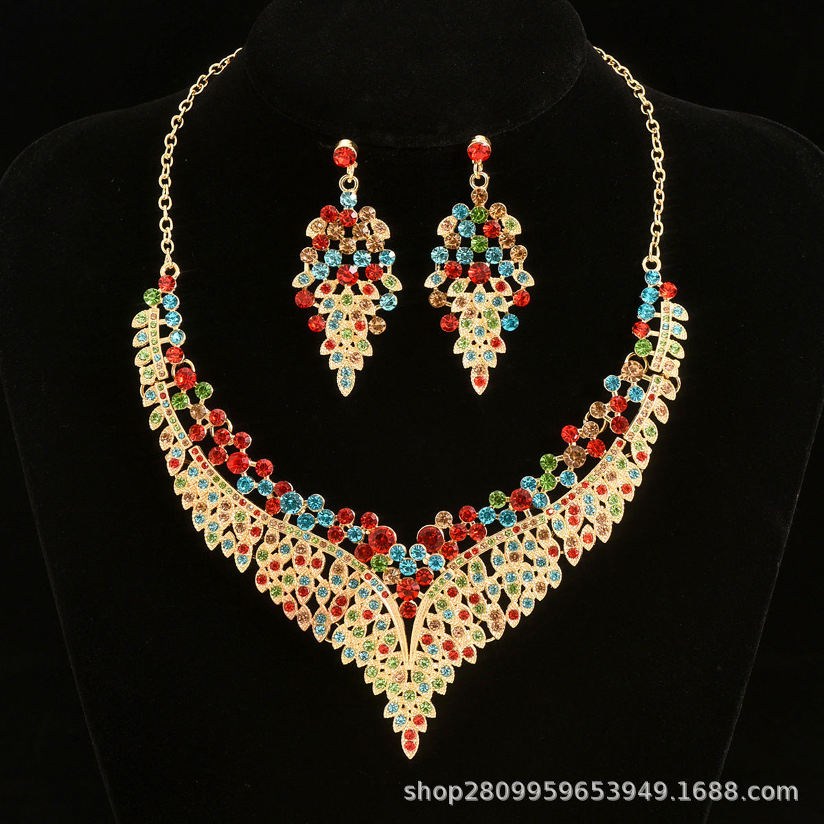 Floral Rhinestone Jewellery Set — Necklace & Earrings