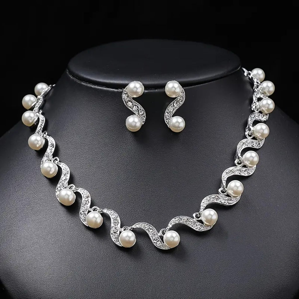 S-Curve Pearl Clavicle Necklace & Earrings Set
