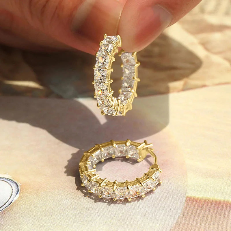 Princess Square CZ Hoop Earrings — Luxury Statement Ear Circles