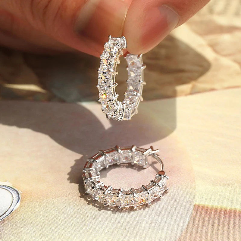 Princess Square CZ Hoop Earrings — Luxury Statement Ear Circles