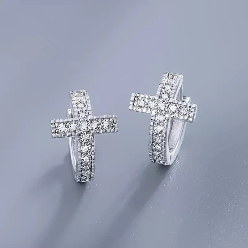 CZ Cross Circle Earrings — Unisex Dainty Zirconia Studs