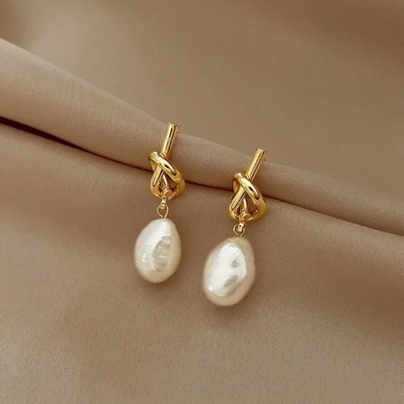 French Pearl Drop Earrings — Flat Bean Spliced Imitation Pearl