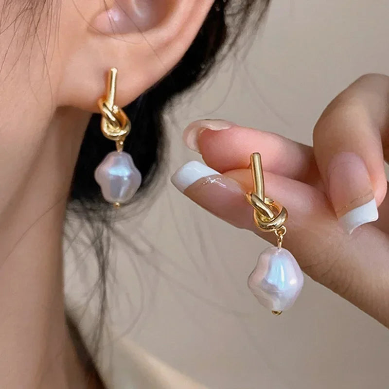 French Pearl Drop Earrings — Flat Bean Spliced Imitation Pearl