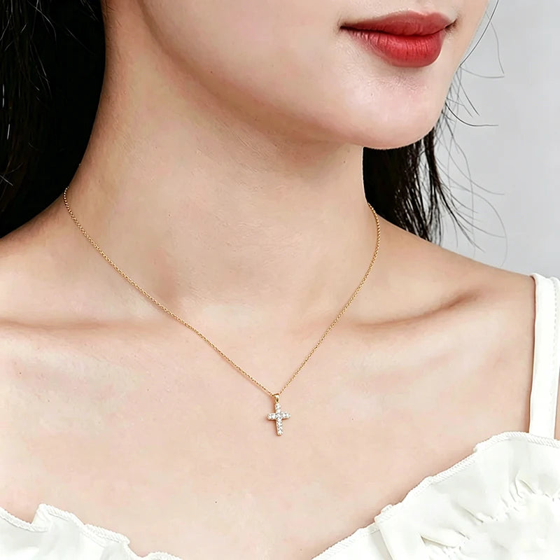 3mm Moissanite Cross Pendant Necklace — 14K Gold Filled