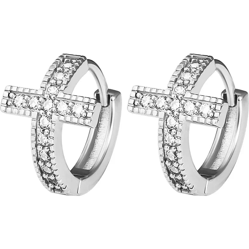 CZ Cross Circle Earrings — Unisex Dainty Zirconia Studs
