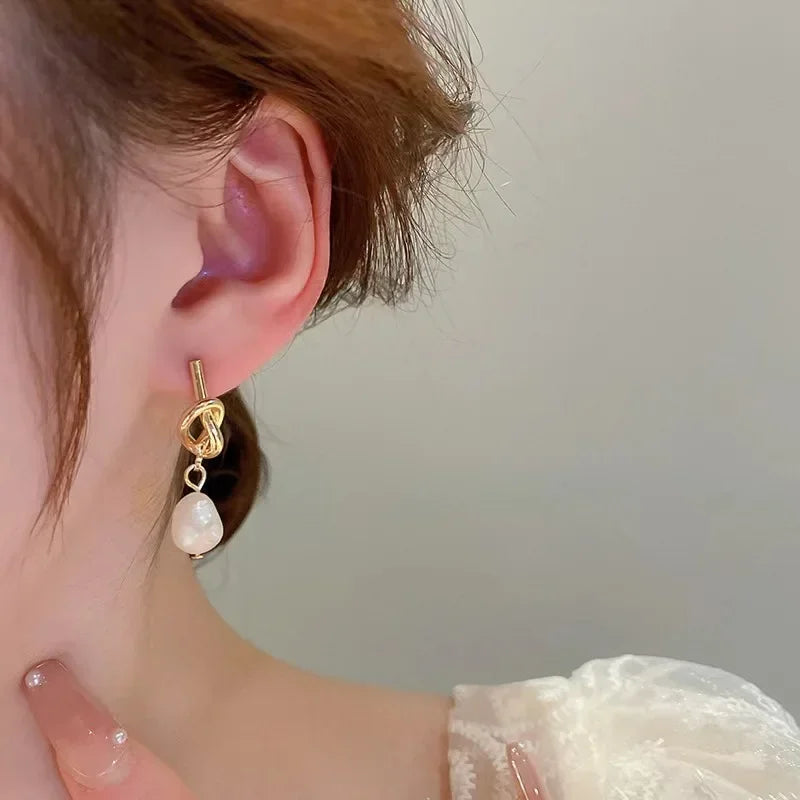 French Pearl Drop Earrings — Flat Bean Spliced Imitation Pearl