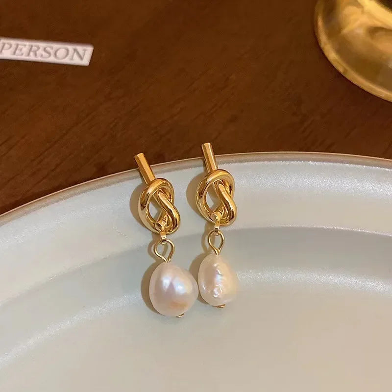 French Pearl Drop Earrings — Flat Bean Spliced Imitation Pearl
