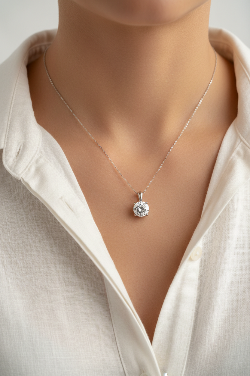 Moissanite sterling silver necklace lifestyle shot